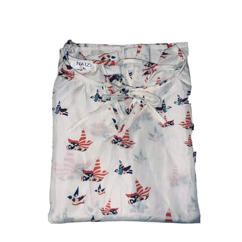 XL NAIZI Womens White w Patriotic Birds Doves Blouse Keyhole Front and Back EUC